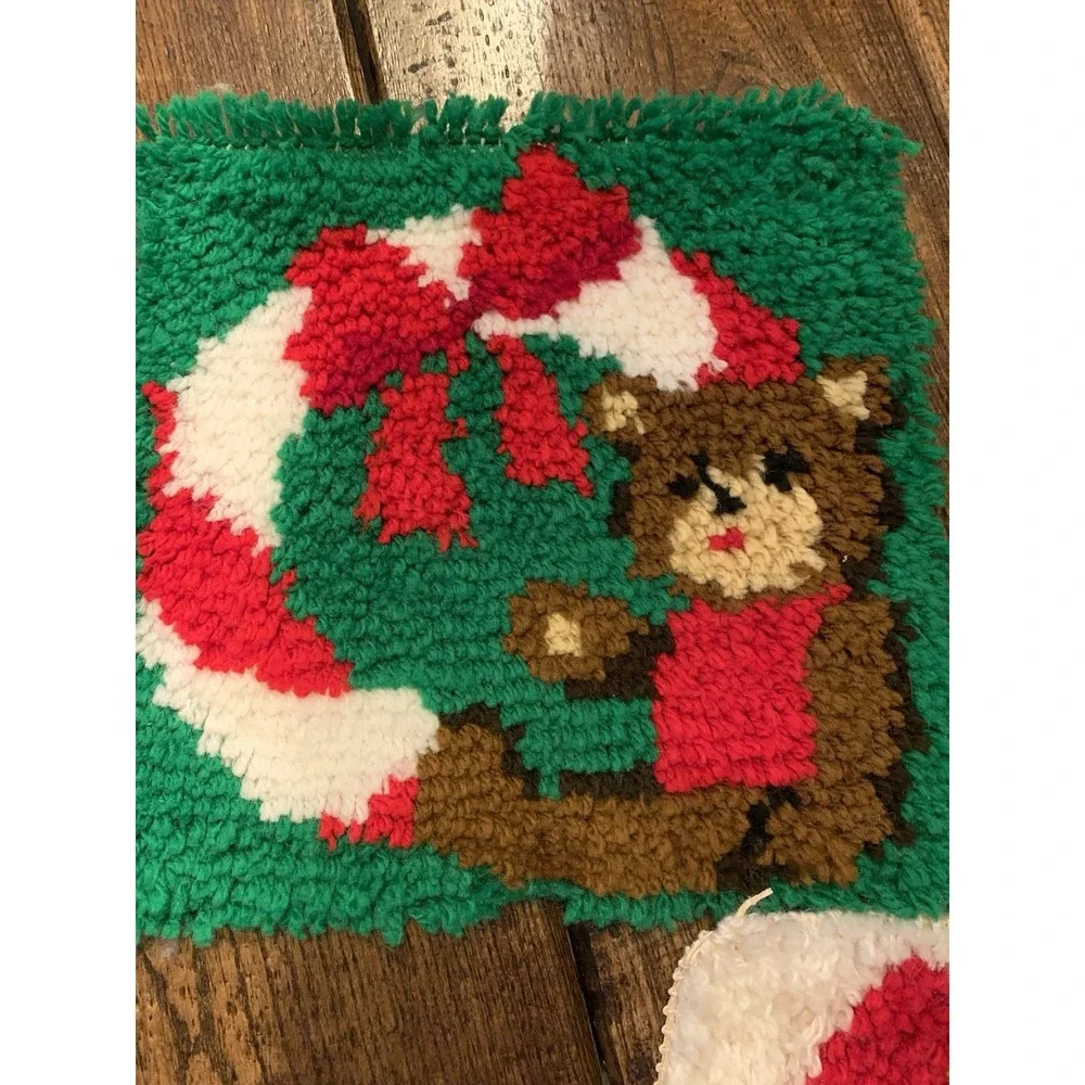 Adorable Vintage Christmas Latch Hook Set Of 3  Wall Hanging Bears  12x12